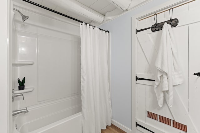 60 Line Rd, Buxton, ME 04093 - full bath with shower / bath combo with shower curtain and wood finished floors