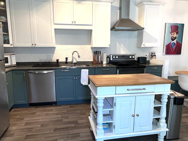 60 Elm St, Bangor, ME 04401 - kitchen with open shelves, dishwasher, wall chimney range hood, black range with electric stovetop, and a sink