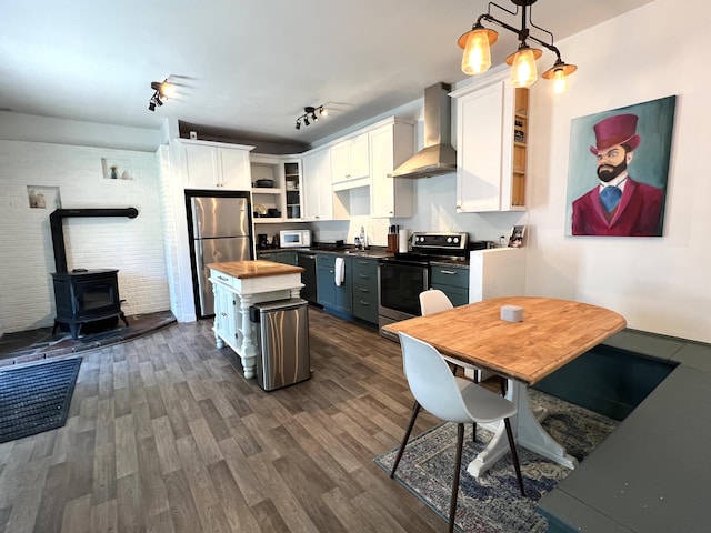 60 Elm St, Bangor, ME 04401 - kitchen with wall chimney exhaust hood, open shelves, appliances with stainless steel finishes, and white cabinets