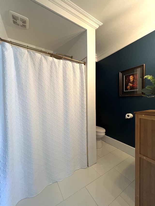 60 Elm St, Bangor, ME 04401 - bathroom featuring toilet, tile patterned flooring, ornamental molding, vanity, and baseboards