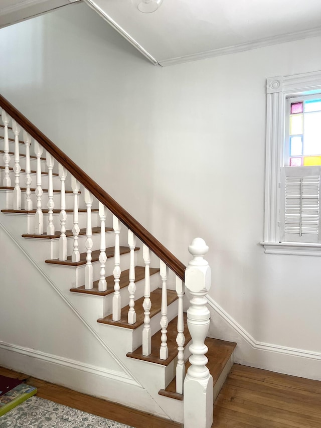 60 Elm St, Bangor, ME 04401 - stairway with baseboards, wood finished floors, and ornamental molding
