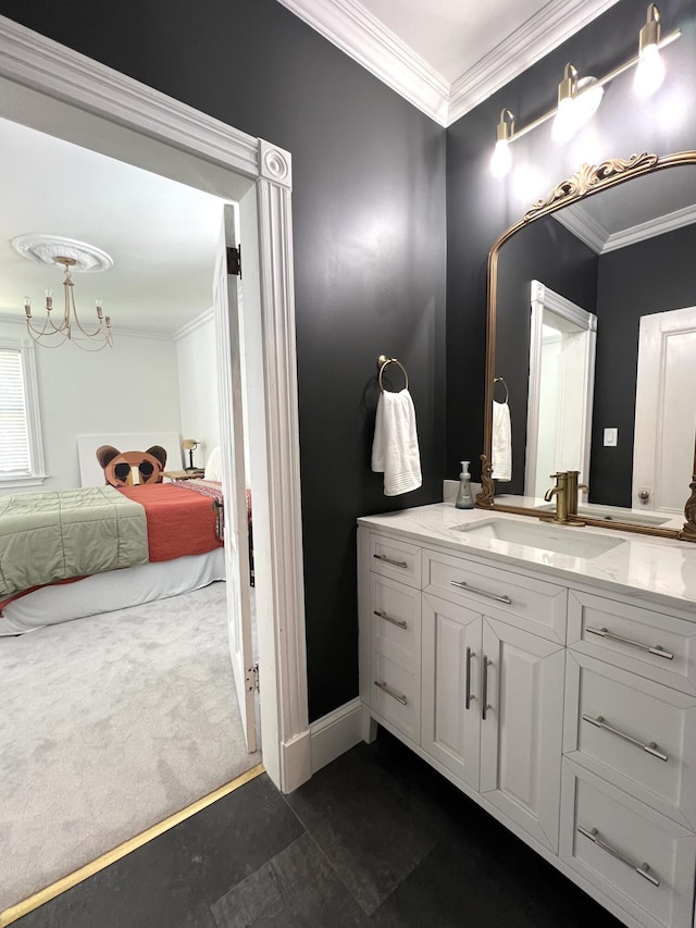 60 Elm St, Bangor, ME 04401 - ensuite bathroom featuring vanity, ornamental molding, and a chandelier