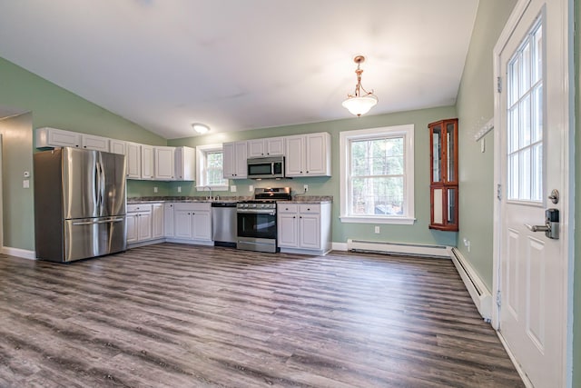 kitchen featuring vaulted ceiling, a baseboard heating unit, a healthy amount of sunlight, stainless steel appliances, and dark wood-style flooring