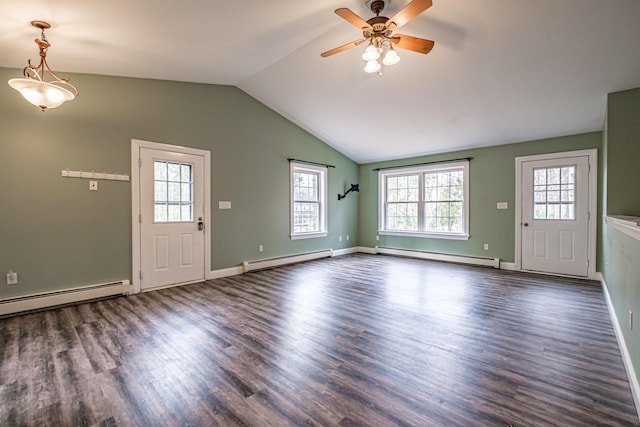 entrance foyer featuring a baseboard heating unit, a ceiling fan, lofted ceiling, and dark wood finished floors