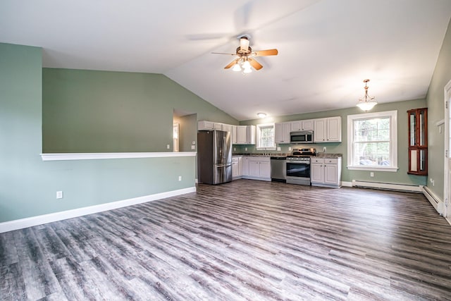 kitchen with dark wood-style floors, stainless steel appliances, vaulted ceiling, a healthy amount of sunlight, and a ceiling fan