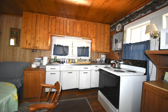 78 Martin Rd, Saint Albans, ME 04971 - kitchen featuring white cabinets, electric panel, wooden ceiling, wooden walls, and white electric stove