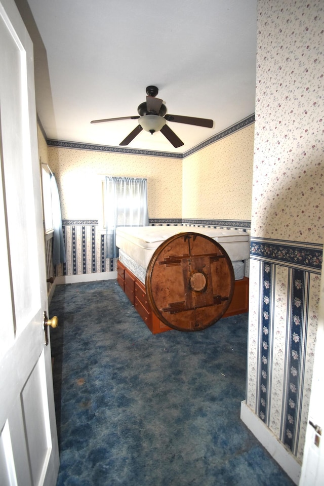 131 George St, Pittsfield, ME 04967 - bedroom with a ceiling fan, carpet flooring, and wallpapered walls