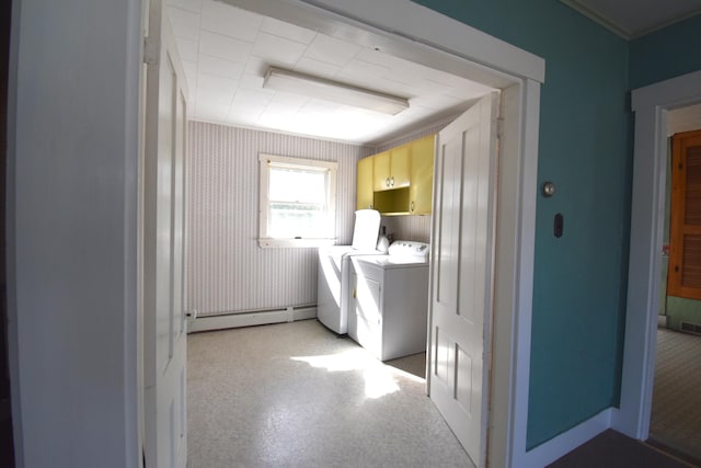 131 George St, Pittsfield, ME 04967 - clothes washing area with washing machine and dryer, laundry area, baseboards, and a baseboard heating unit
