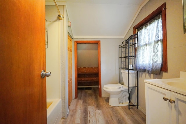 845 Hudson Rd, Glenburn, ME 04401 - full bath with vaulted ceiling, toilet, vanity, and wood finished floors