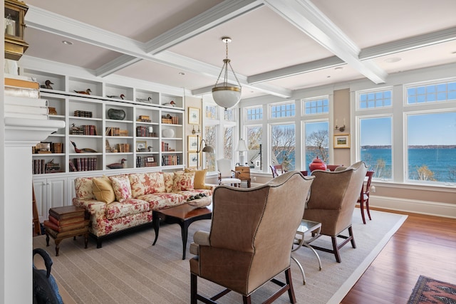 56 Deans Way, Cumberland, ME 04110 - interior space featuring a water view, beam ceiling, and coffered ceiling