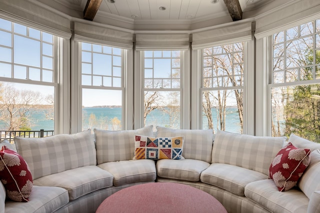 56 Deans Way, Cumberland, ME 04110 - sunroom / solarium with beam ceiling, a water view, and a wealth of natural light