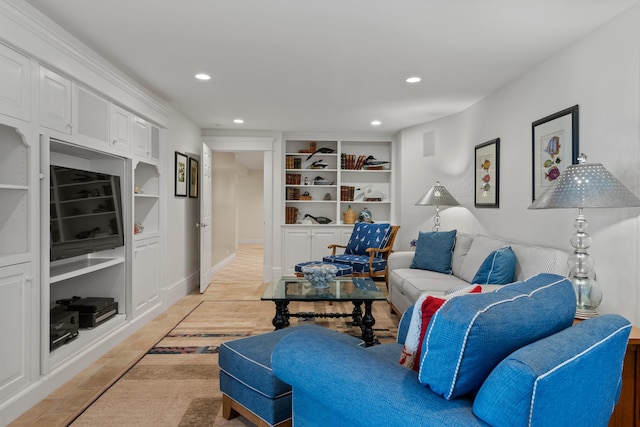 56 Deans Way, Cumberland, ME 04110 - living room featuring built in features, visible vents, and recessed lighting