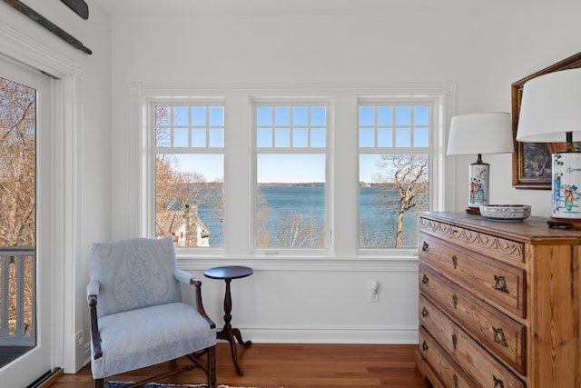 56 Deans Way, Cumberland, ME 04110 - sitting room featuring a water view, baseboards, and wood finished floors