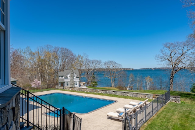 56 Deans Way, Cumberland, ME 04110 - view of pool with fence, a patio, a fenced in pool, a lawn, and a water view