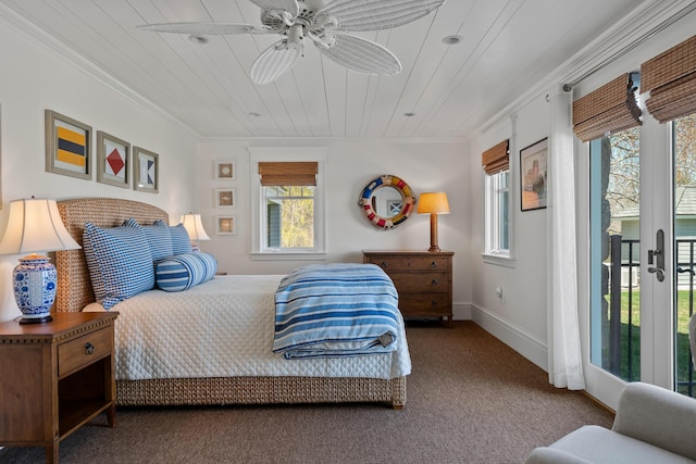 56 Deans Way, Cumberland, ME 04110 - bedroom featuring ceiling fan, carpet, access to outside, and ornamental molding
