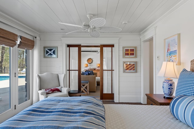 56 Deans Way, Cumberland, ME 04110 - carpeted bedroom with ornamental molding, wood ceiling, access to outside, and a ceiling fan