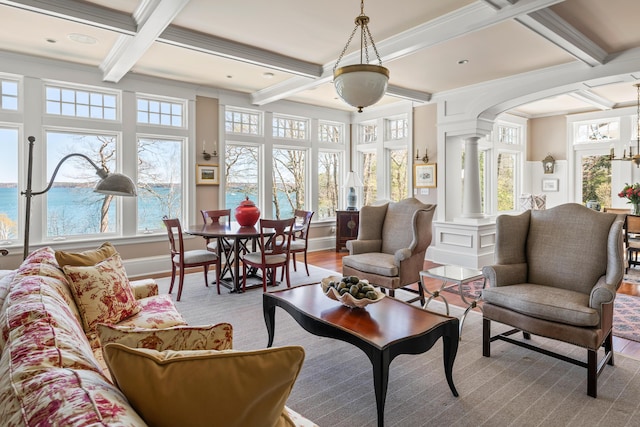 56 Deans Way, Cumberland, ME 04110 - sunroom / solarium featuring coffered ceiling and beam ceiling