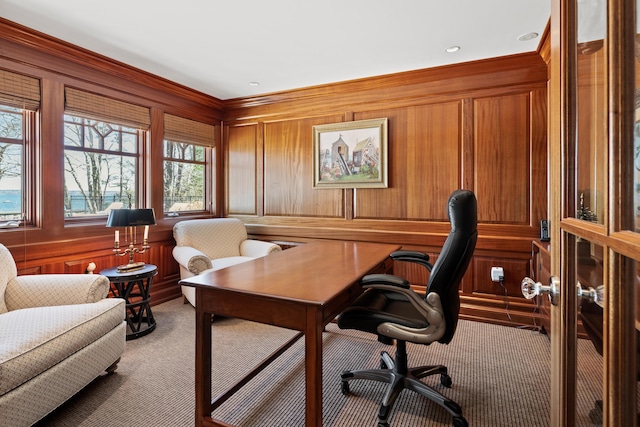 56 Deans Way, Cumberland, ME 04110 - office space with wooden walls, crown molding, and light colored carpet