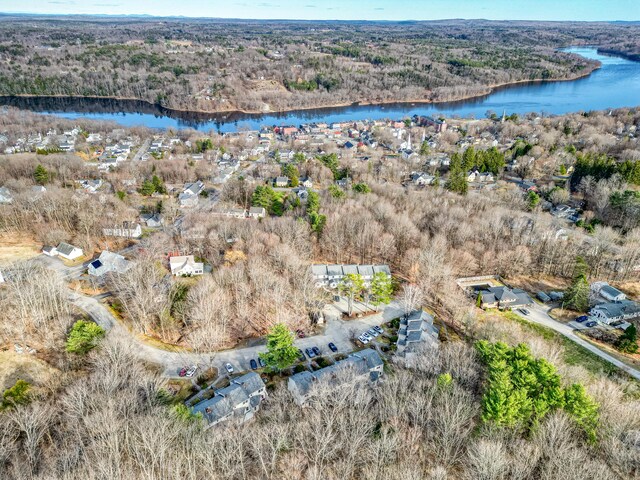 birds eye view of property with a view of trees and a water view