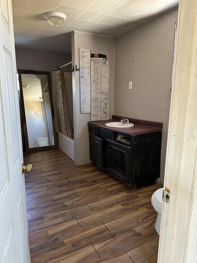 bathroom with toilet, a shower with curtain, vanity, and wood finished floors