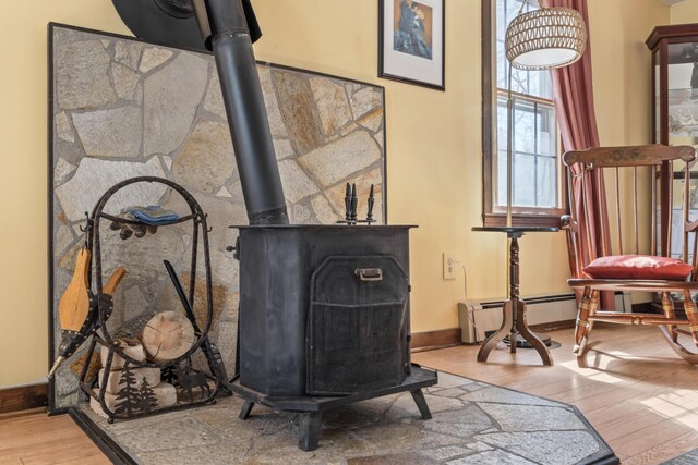 interior details with baseboards, wood finished floors, and a wood stove