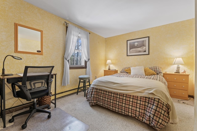 bedroom featuring a baseboard radiator, carpet floors, and wallpapered walls