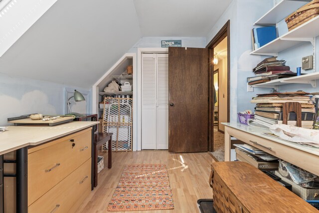 interior space featuring light wood-type flooring and lofted ceiling