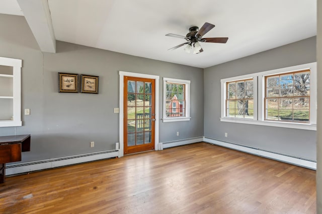 unfurnished room with a baseboard radiator, wood finished floors, and ceiling fan