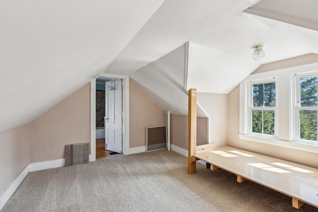 additional living space with lofted ceiling, baseboards, visible vents, and carpet