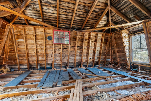 misc room with wooden ceiling and lofted ceiling with beams