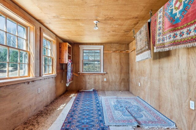 spare room with wood ceiling and wood walls