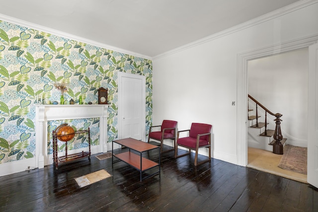 40 Mountain St, Camden, ME 04843 - living area with wallpapered walls, stairway, wood-type flooring, crown molding, and baseboards