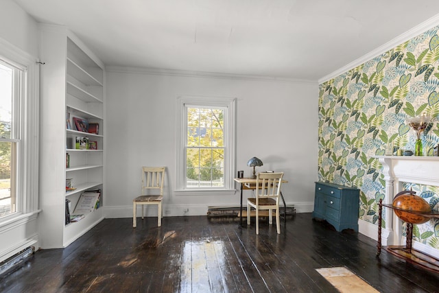 40 Mountain St, Camden, ME 04843 - sitting room with baseboard heating, crown molding, hardwood / wood-style floors, built in features, and baseboards