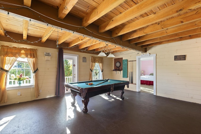 40 Mountain St, Camden, ME 04843 - playroom with wooden walls, beam ceiling, wooden ceiling, and billiards