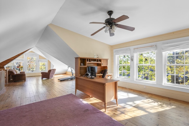 40 Mountain St, Camden, ME 04843 - home office with wood-type flooring, vaulted ceiling, and ceiling fan
