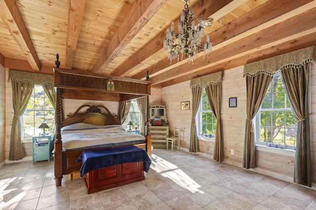 40 Mountain St, Camden, ME 04843 - bedroom featuring beamed ceiling, wood walls, wood ceiling, and multiple windows