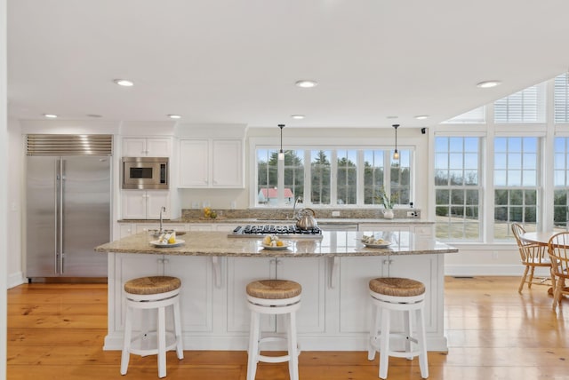 kitchen with plenty of natural light, light wood finished floors, built in appliances, and white cabinetry