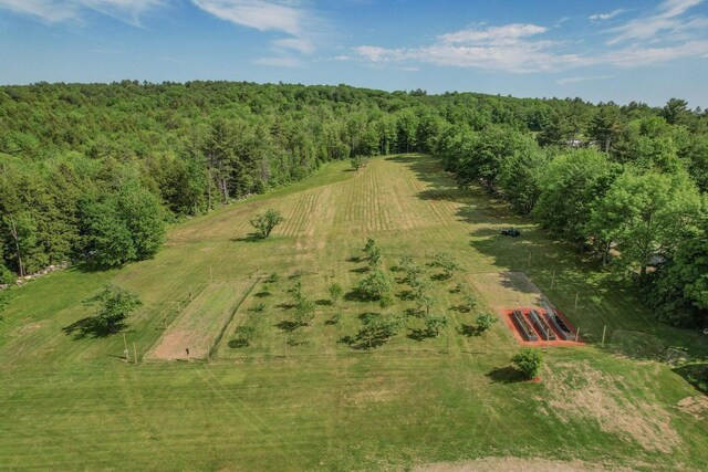 birds eye view of property with a forest view and a rural view