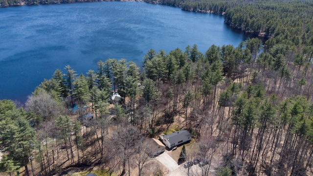 drone / aerial view with a wooded view and a water view