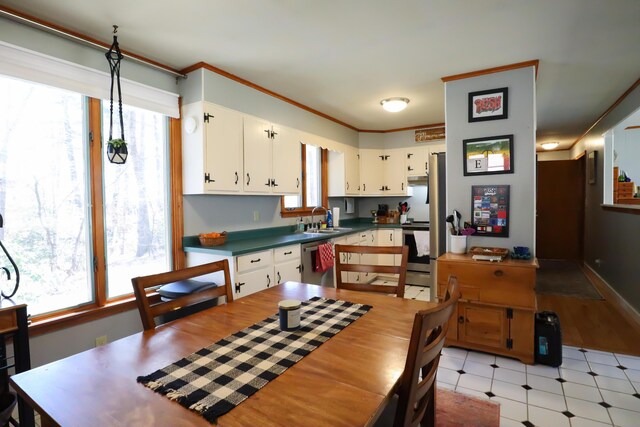 kitchen with stainless steel appliances, a sink, white cabinetry, and dark countertops