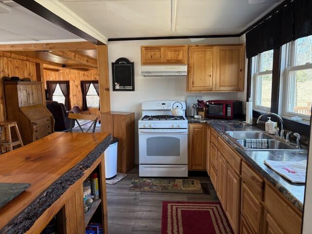 49 Pequawket Trl, Baldwin, ME 04024 - kitchen featuring dark countertops, wood finished floors, a sink, white range with gas stovetop, and under cabinet range hood
