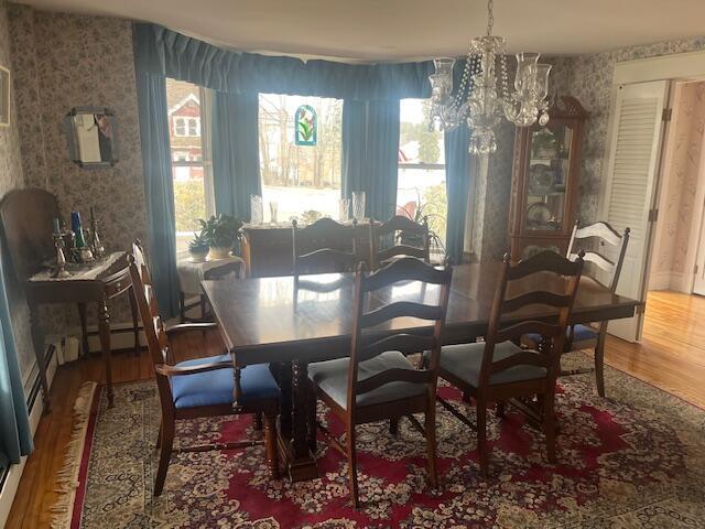 dining room featuring wallpapered walls, wood finished floors, and an inviting chandelier