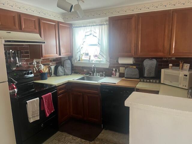 kitchen featuring black appliances, under cabinet range hood, a sink, and light countertops