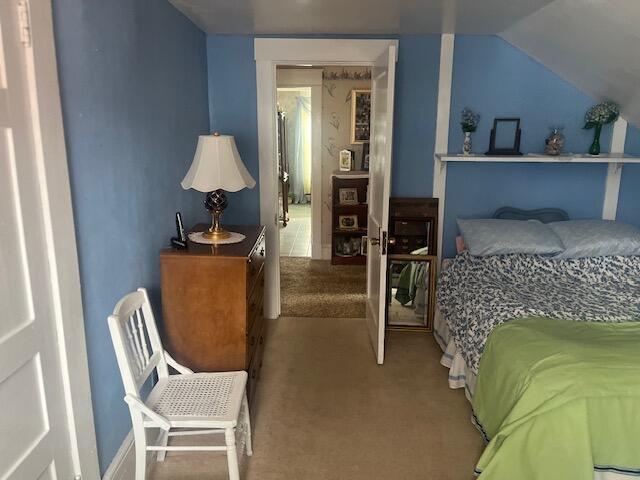 bedroom featuring lofted ceiling and carpet floors
