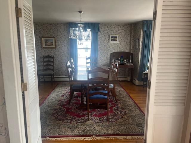 dining area with wallpapered walls, wood finished floors, and a chandelier