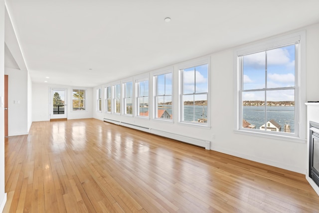 6 Merritt House Rd Unit 20, Harpswell, ME 04066 - unfurnished sunroom with a baseboard heating unit and a water view