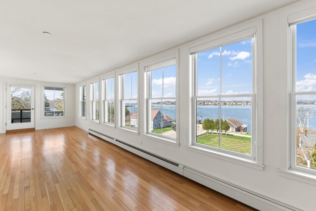 6 Merritt House Rd Unit 20, Harpswell, ME 04066 - unfurnished sunroom with a water view, plenty of natural light, a baseboard heating unit, and wood finished floors