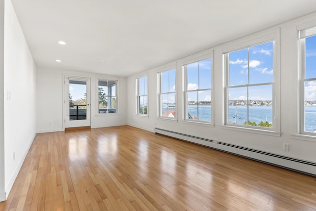 6 Merritt House Rd Unit 20, Harpswell, ME 04066 - unfurnished sunroom with plenty of natural light, a water view, and a baseboard radiator