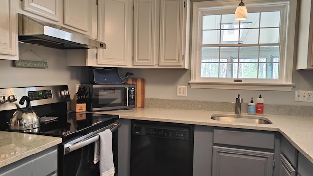 54 Black Smith Rd Unit 13, Wells, ME 04090 - kitchen featuring under cabinet range hood, stainless steel electric stove, gray cabinets, and dishwasher