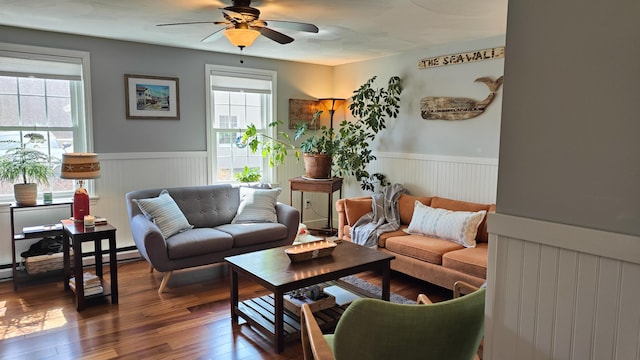 54 Black Smith Rd Unit 13, Wells, ME 04090 - living area featuring dark wood-type flooring, a ceiling fan, and a wainscoted wall